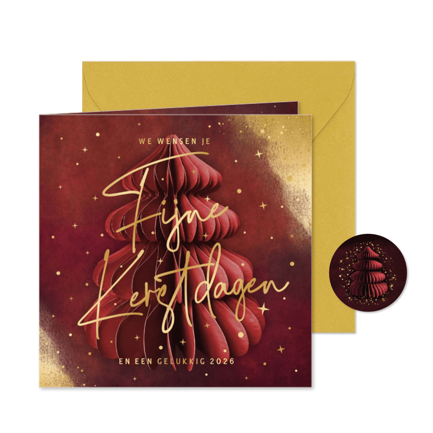 Stijlvolle rode kerstkaart met papieren kerstboom en goud - Kaartimpressie