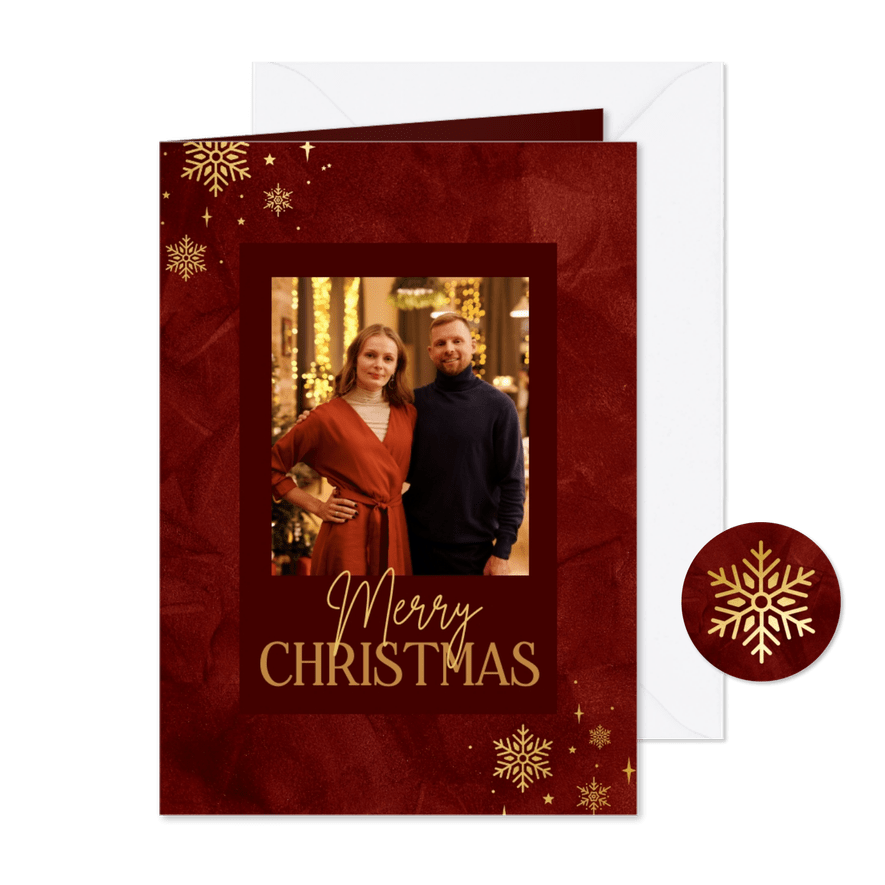 Stijlvolle rode kerstkaart met sneeuwvlokken en sterren - Kaartimpressie