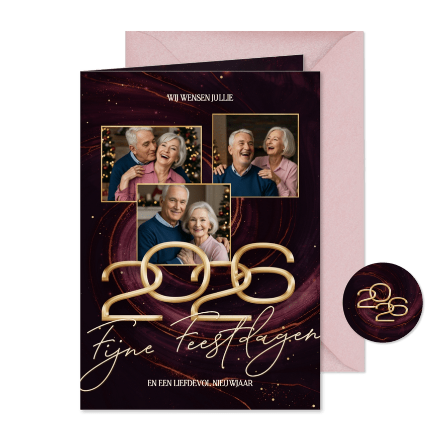 Stijlvolle rode marmer swirl fotocollage kerstkaart 2026 - Kaartimpressie