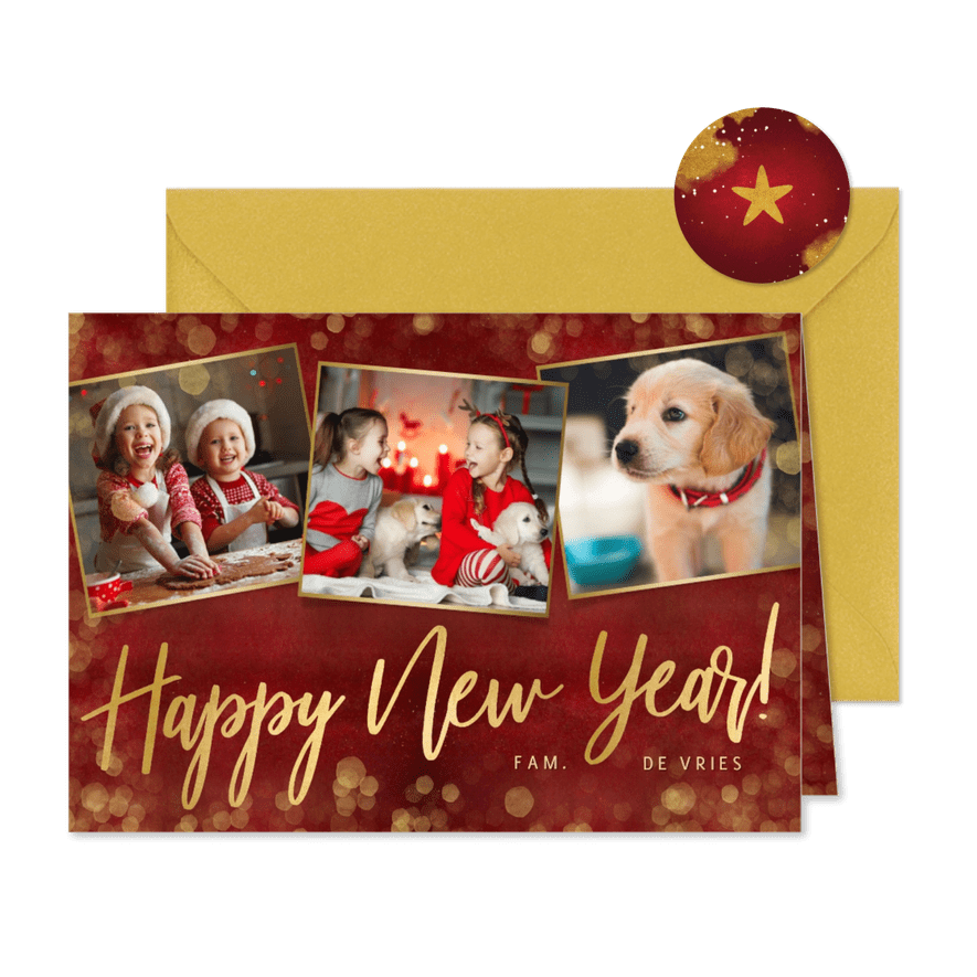 Stijlvolle rode nieuwjaarskaart met 3 eigen foto's en goud - Kaartimpressie