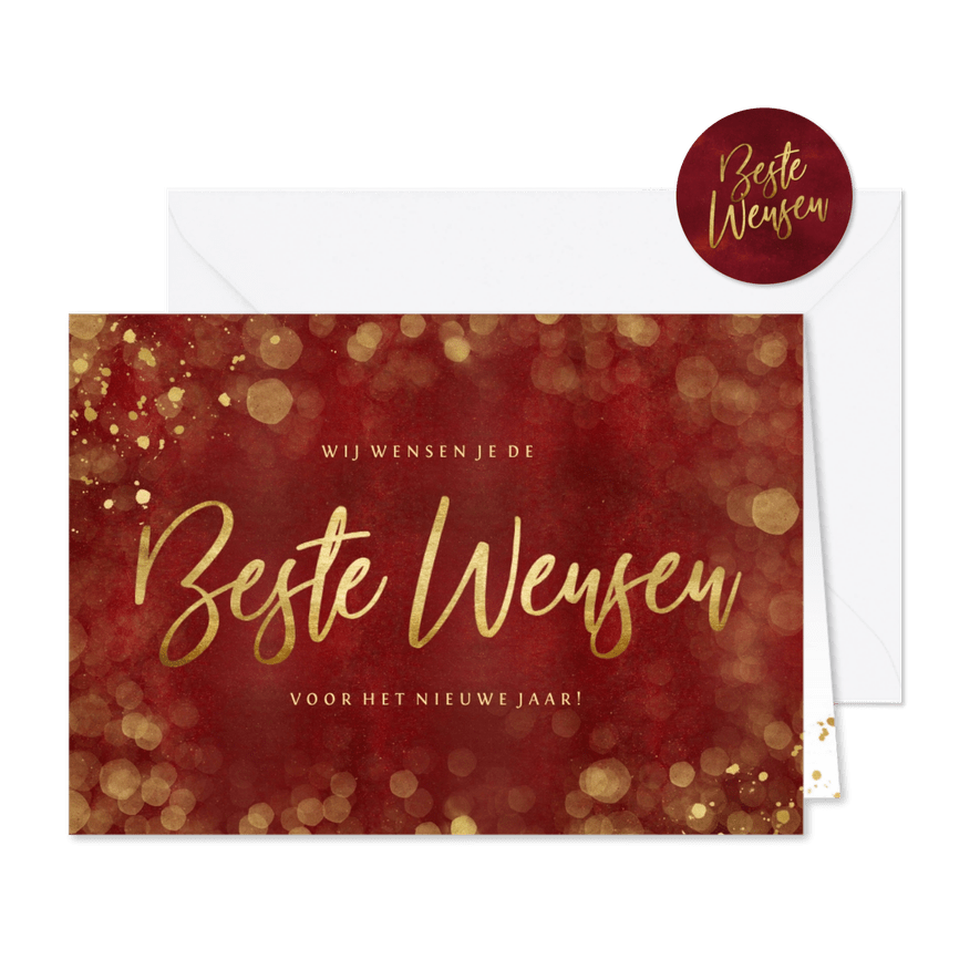 Stijlvolle rode nieuwjaarskaart met goud Beste wensen - Kaartimpressie