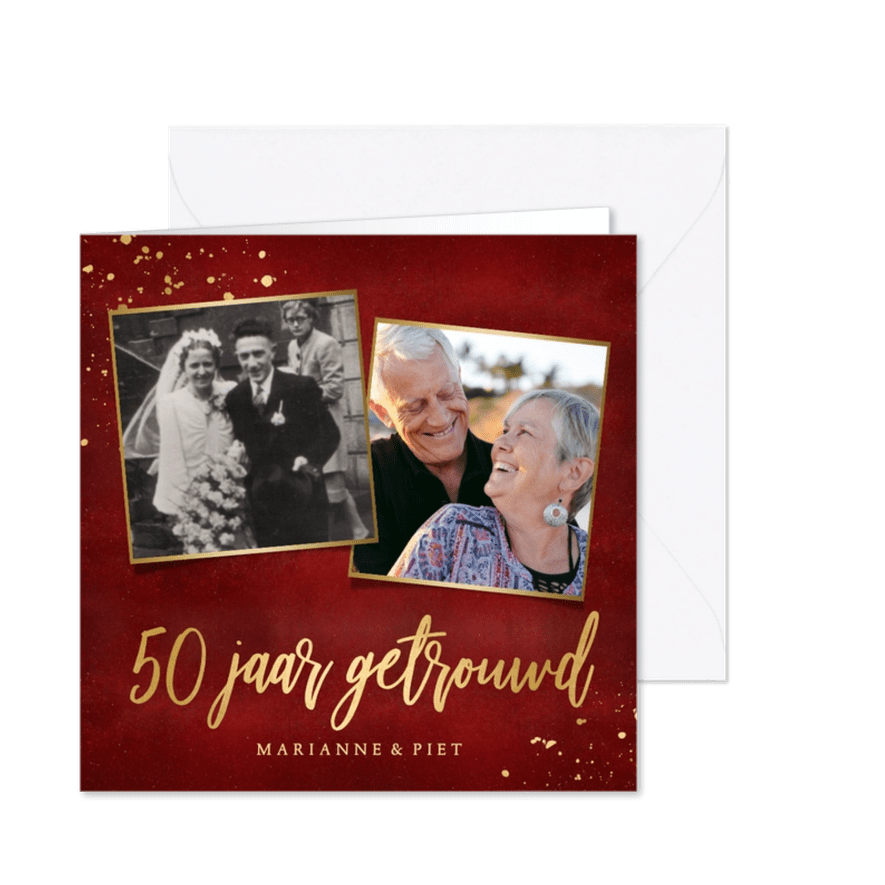 Stijlvolle rode uitnodigingskaart 50 jaar getrouwd met goud - Kaartimpressie