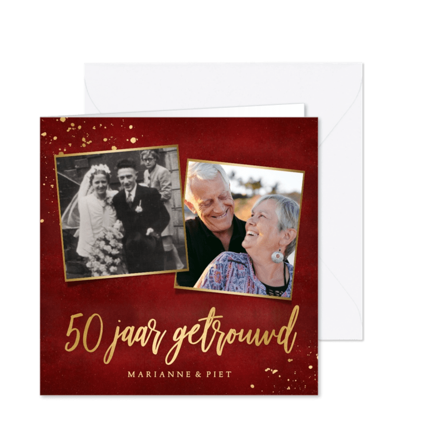 Stijlvolle rode uitnodigingskaart 50 jaar getrouwd met goud - Kaartimpressie