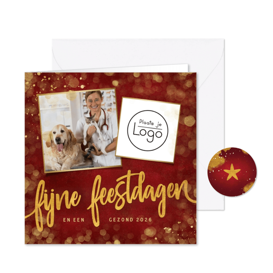 Stijlvolle rode zakelijke kerstkaart met eigen foto en logo - Kaartimpressie