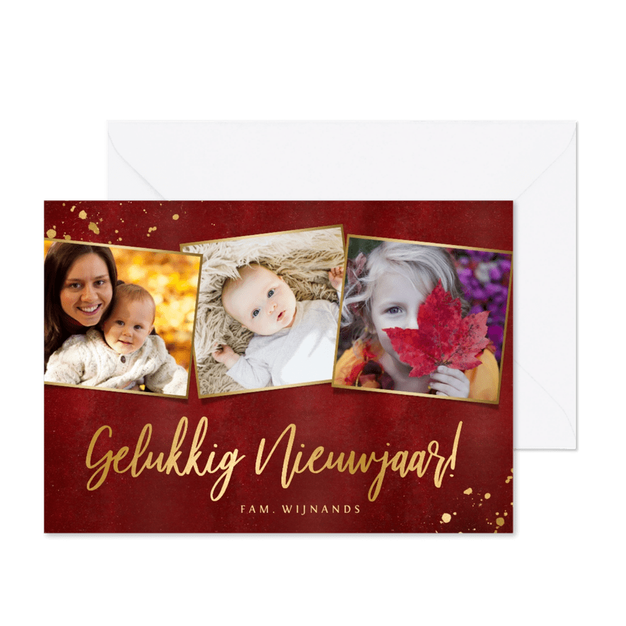 Stijlvolle rood gelukkig nieuwjaar in goud fotocollage - Kaartimpressie