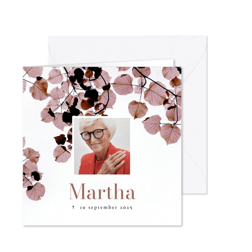 Stijlvolle rouwkaart bladertakken schaduwspel foto - Kaartimpressie