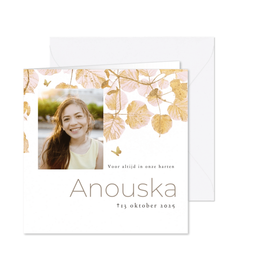 Stijlvolle rouwkaart botanisch goud vlindertjes foto - Kaartimpressie