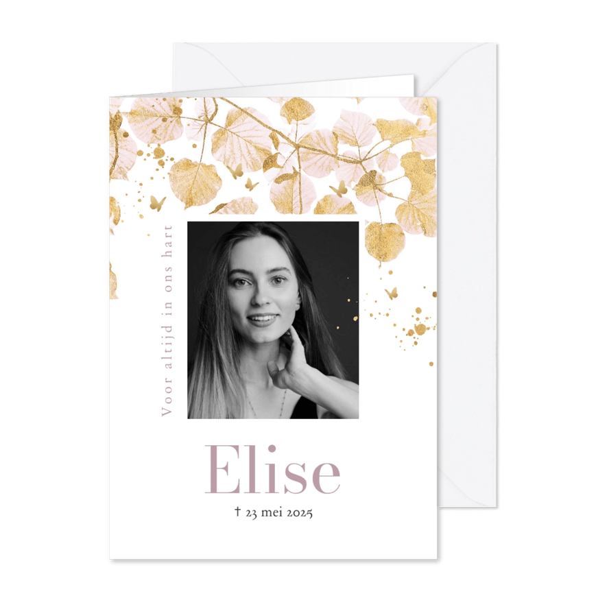 Stijlvolle rouwkaart botanisch roze goud vlindertjes foto - Kaartimpressie