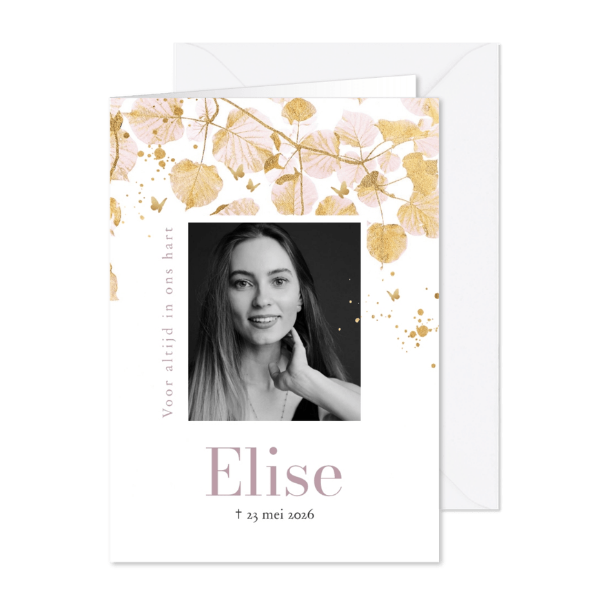 Stijlvolle rouwkaart botanisch roze goud vlindertjes foto - Kaartimpressie