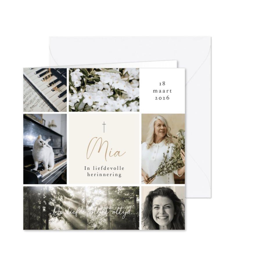 Stijlvolle rouwkaart collage vierkant met 6 foto's en naam - Kaartimpressie
