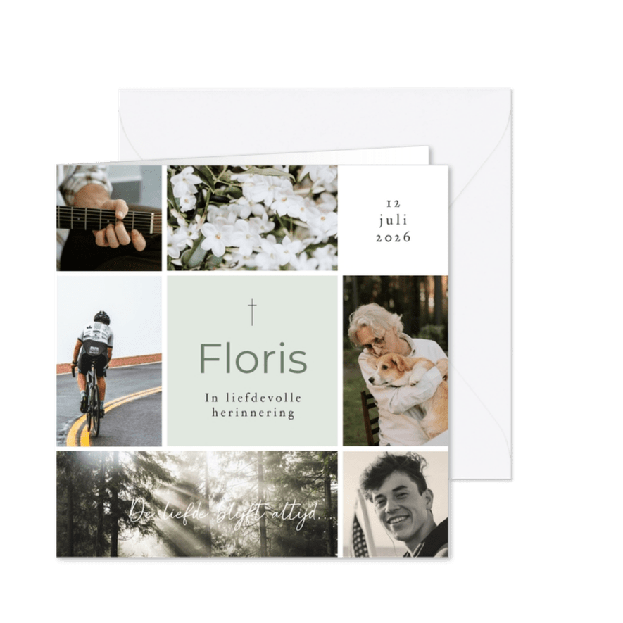 Stijlvolle rouwkaart fotocollage vierkant met 6 foto's - Kaartimpressie