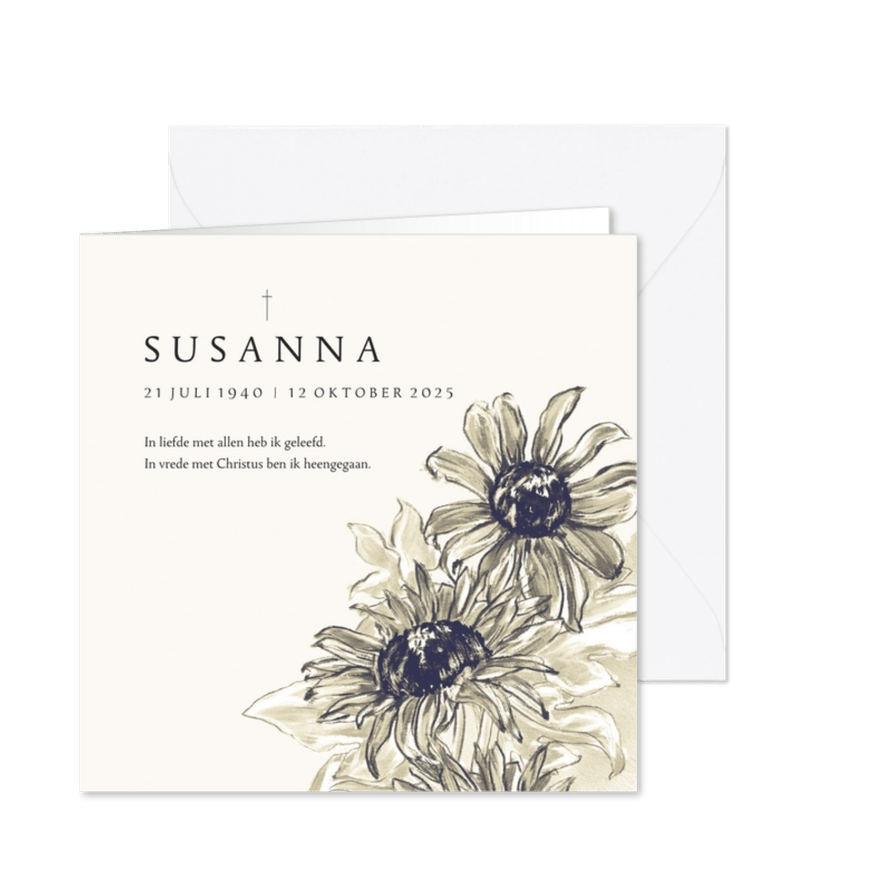 Stijlvolle rouwkaart geschilderde zonnebloemen religieus - Kaartimpressie
