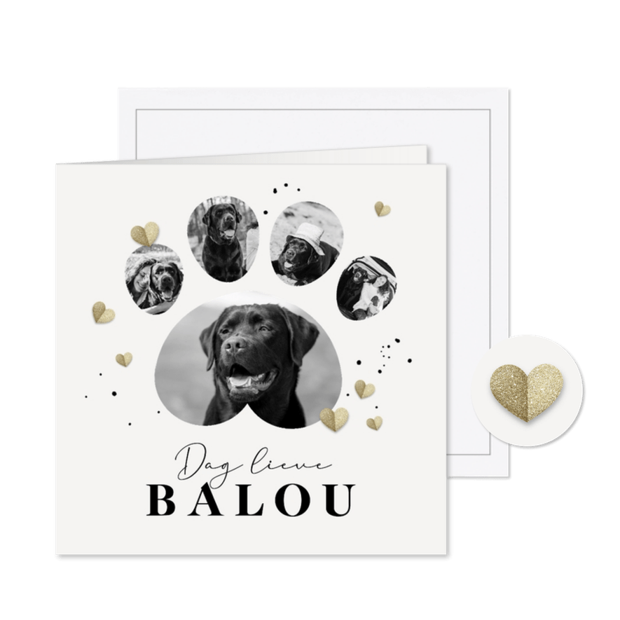 Stijlvolle rouwkaart hond hondenpoot foto's hartjes - Kaartimpressie