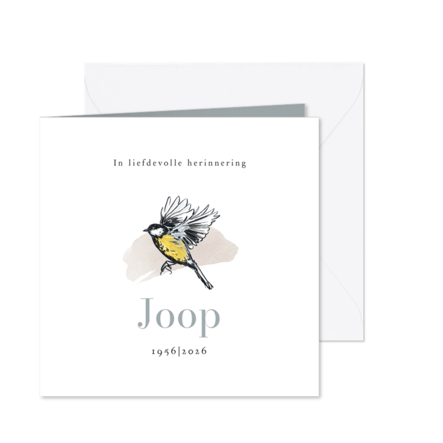 Stijlvolle rouwkaart illustratie koolmees waterverf - Kaartimpressie