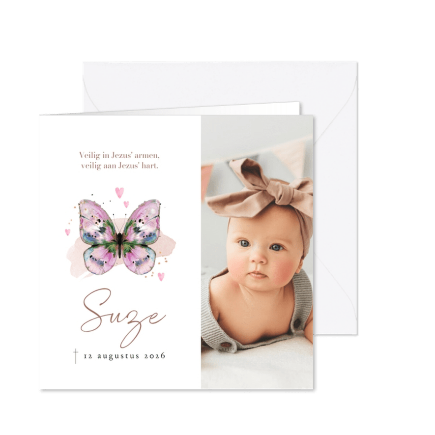 Stijlvolle rouwkaart kind vlinder watercolor foto hartjes - Kaartimpressie
