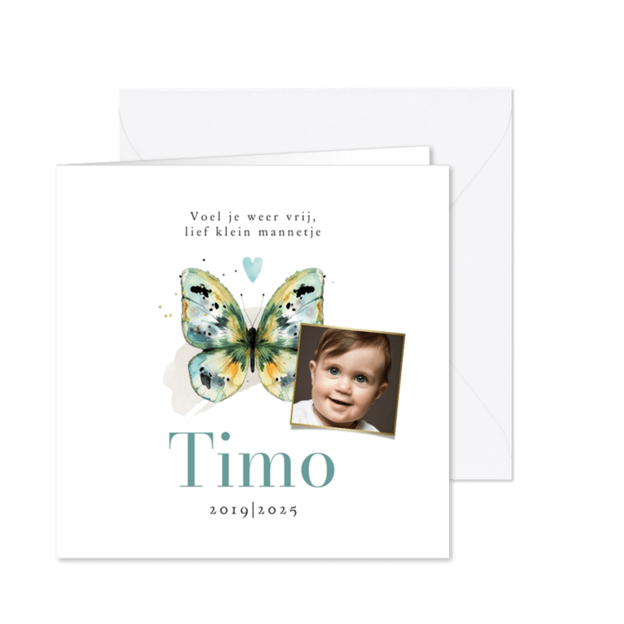 Stijlvolle rouwkaart kind waterverf vlinder foto hart - Kaartimpressie