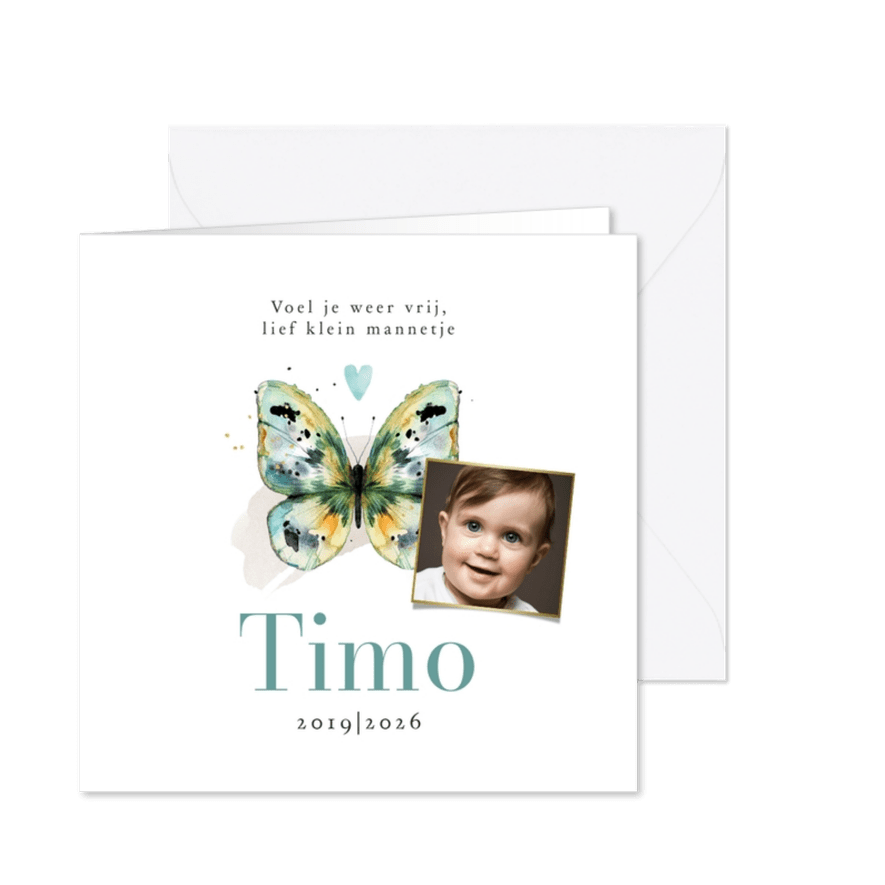 Stijlvolle rouwkaart kind waterverf vlinder foto hart - Kaartimpressie