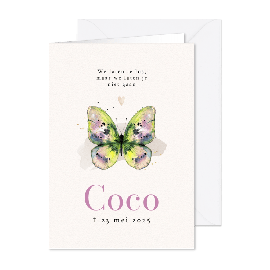 Stijlvolle rouwkaart kleurrijke vlinder watercolor hartje - Kaartimpressie