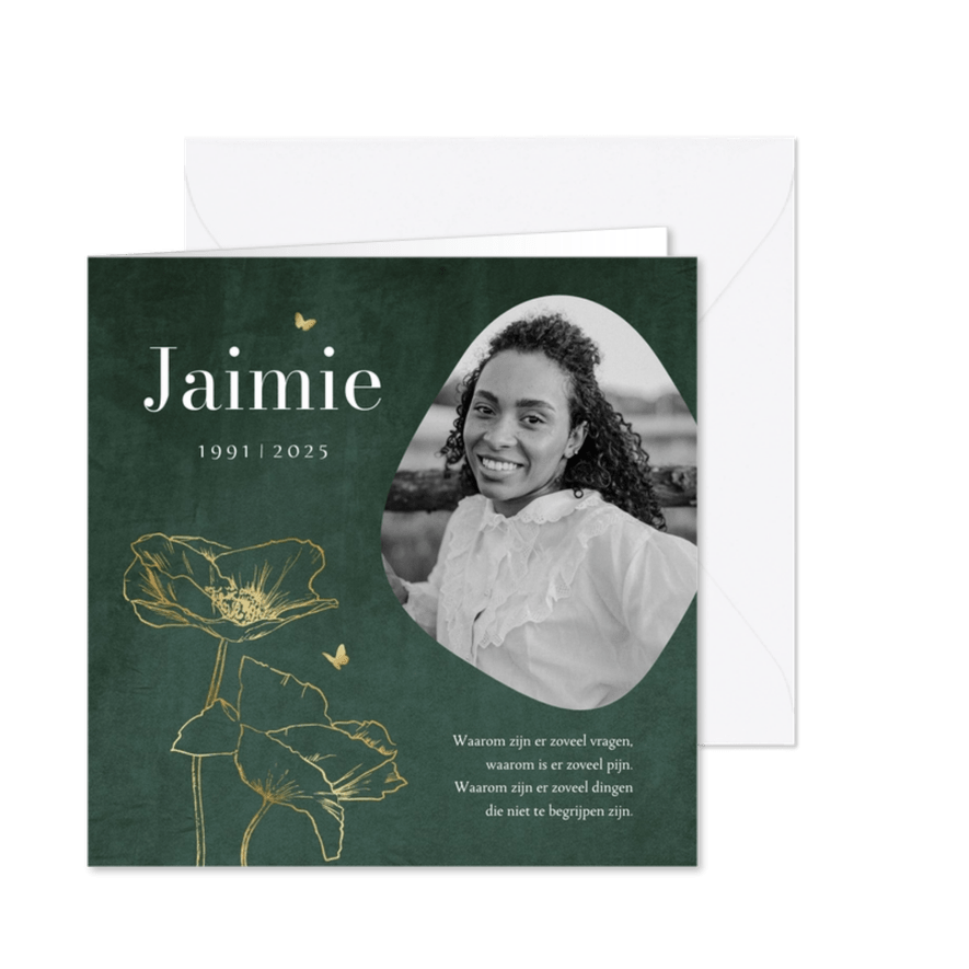 Stijlvolle rouwkaart lijnillustratie klaprozen vlinders foto - Kaartimpressie