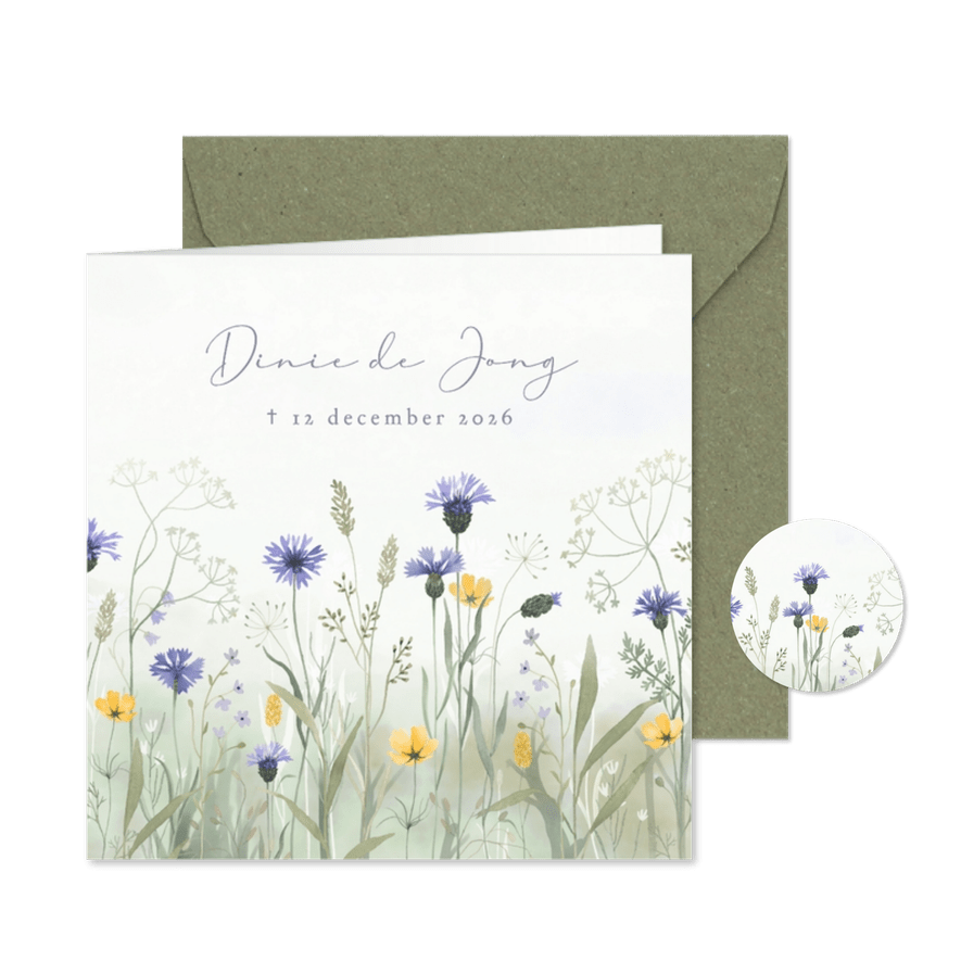 Stijlvolle rouwkaart met aquarel geschilderde wilde bloemen - Kaartimpressie