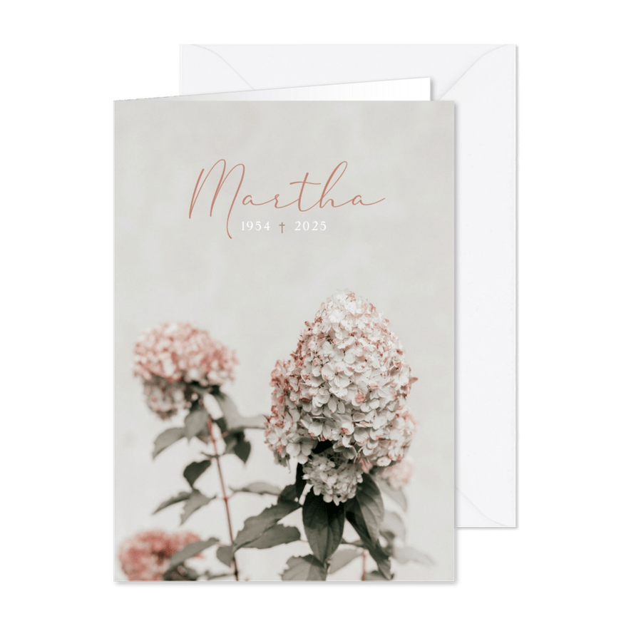 Stijlvolle rouwkaart met foto van hortensia - Kaartimpressie