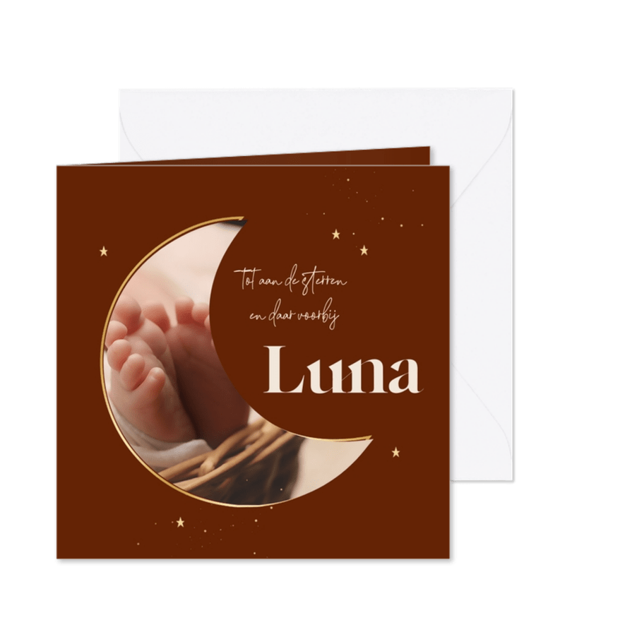 Stijlvolle rouwkaart met fotokader maan en gouden sterretjes - Kaartimpressie