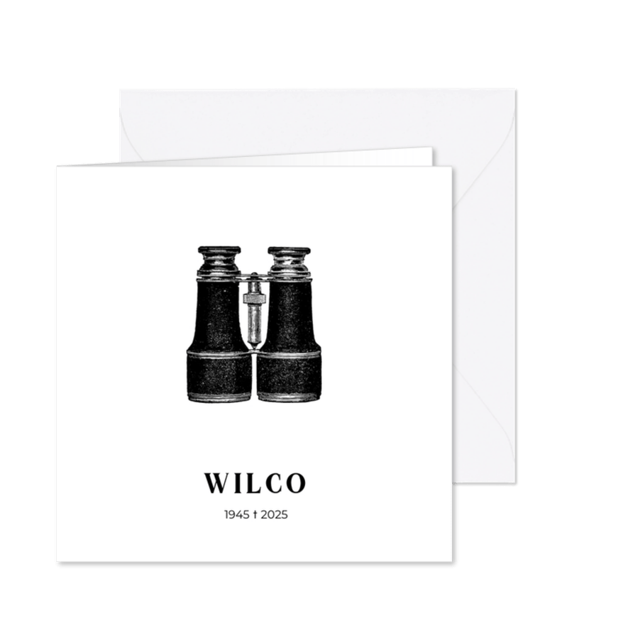 Stijlvolle rouwkaart met illustratie van een verrekijker - Kaartimpressie