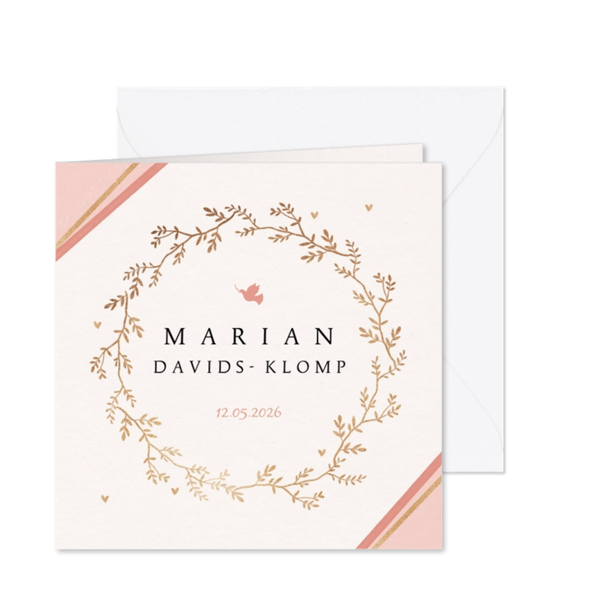 Stijlvolle rouwkaart met krans en duif - Kaartimpressie
