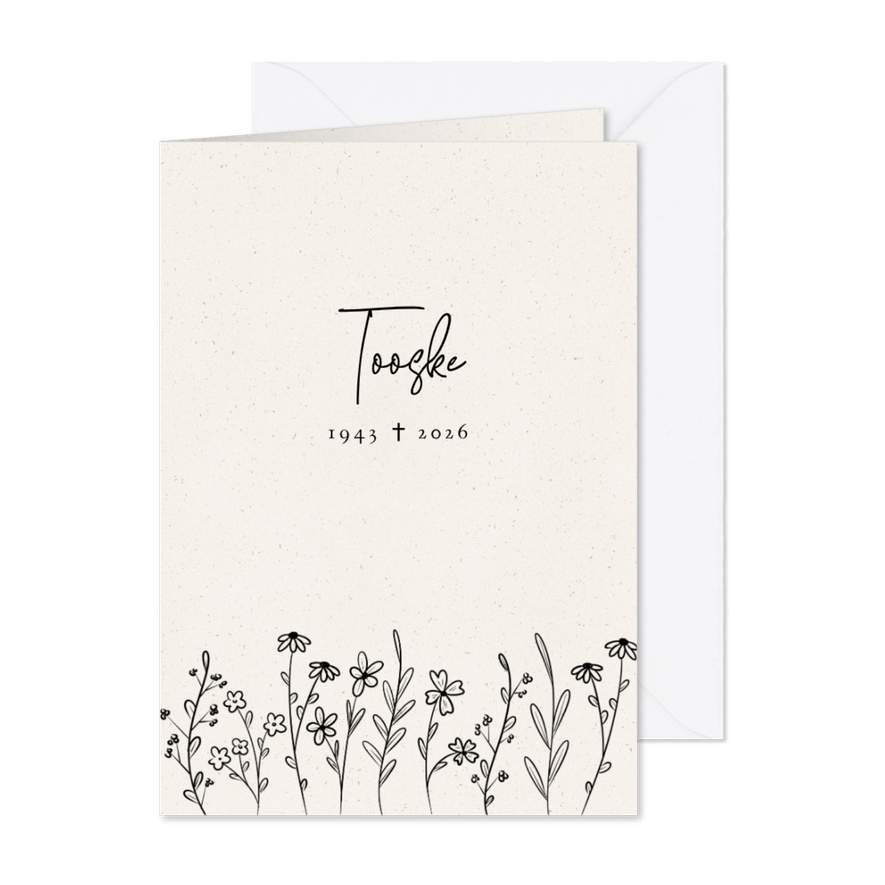 Stijlvolle rouwkaart met lijntekening bloemetjes  - Kaartimpressie