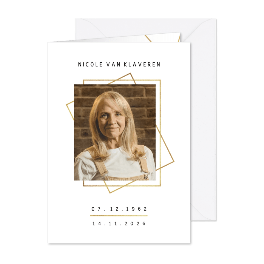Stijlvolle rouwkaart met moderne grafische gouden kaders - Kaartimpressie