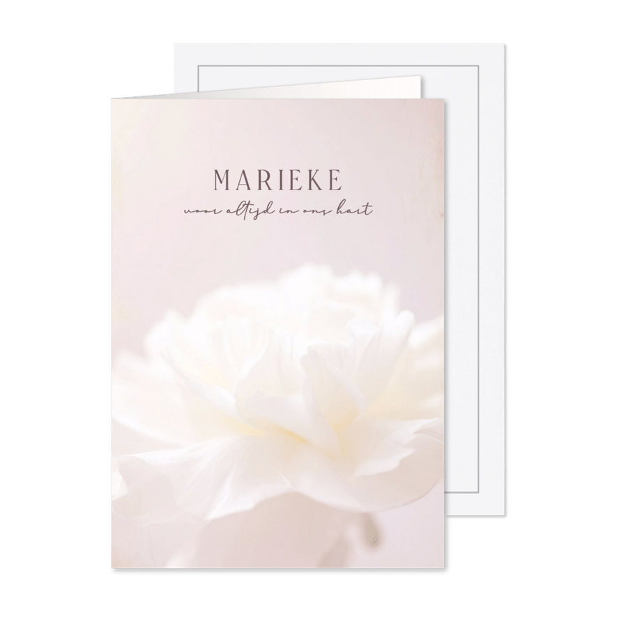 Stijlvolle rouwkaart met witte bloem vrouw subtiel roze - Kaartimpressie