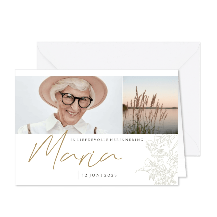 Stijlvolle rouwkaart religieus lijnillustratie bloemen foto - Kaartimpressie