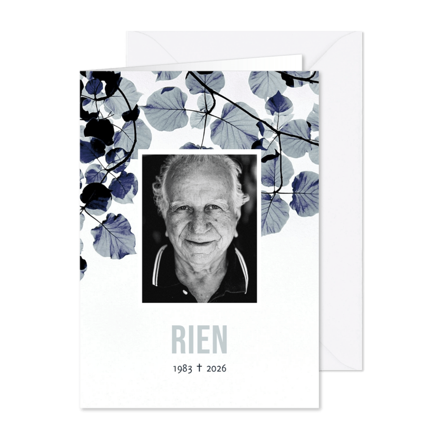 Stijlvolle rouwkaart schaduwspel bladeren blauw foto - Kaartimpressie