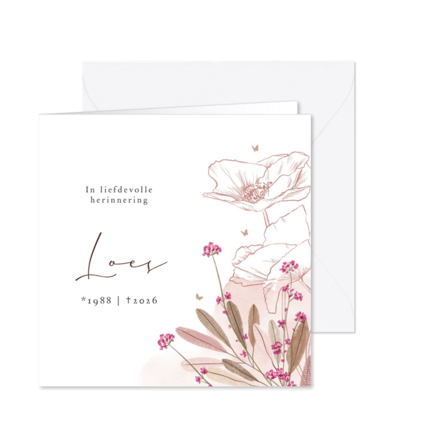 Stijlvolle rouwkaart veldbloemen klaproos watercolor vlinder - Kaartimpressie