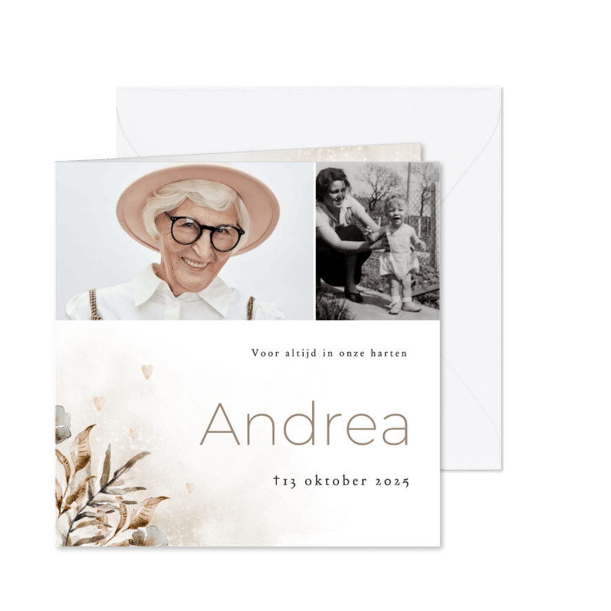Stijlvolle rouwkaart vierkant watercolor botanisch 2 foto's  - Kaartimpressie