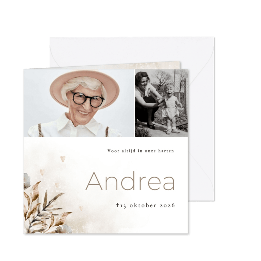 Stijlvolle rouwkaart vierkant watercolor botanisch 2 foto's  - Kaartimpressie