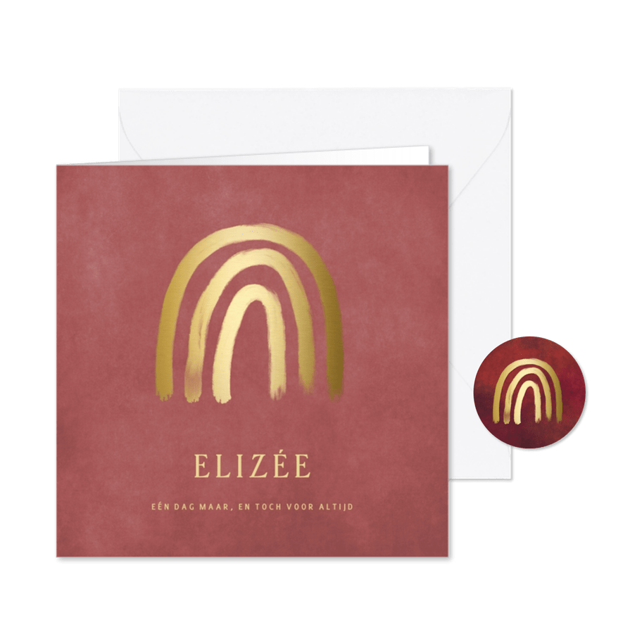 Stijlvolle rouwkaart voor een baby met een gouden regenboog  - Kaartimpressie