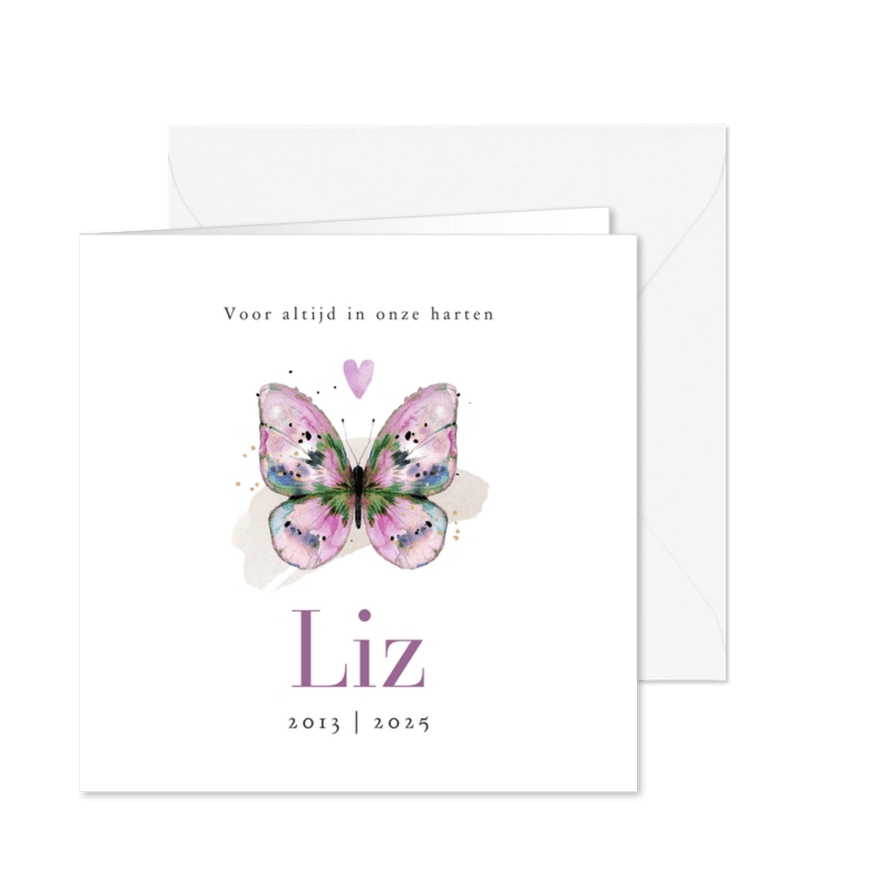 Stijlvolle rouwkaart watercolor vlinder roze hartje - Kaartimpressie