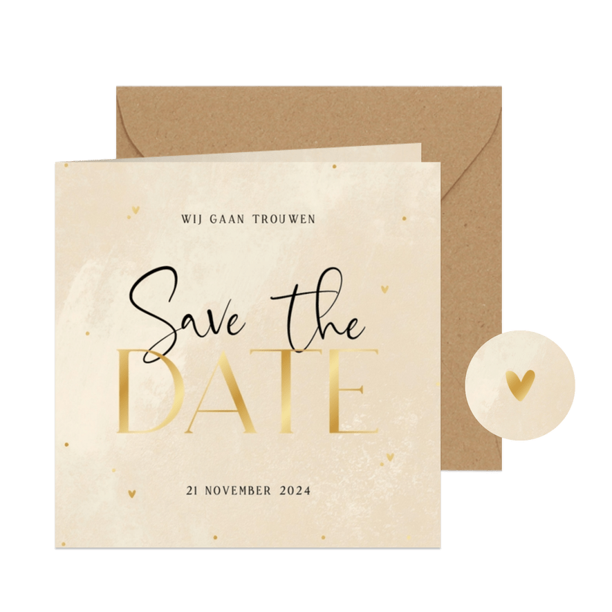 Stijlvolle save the date beige steenlook hartjes stipjes - Kaartimpressie