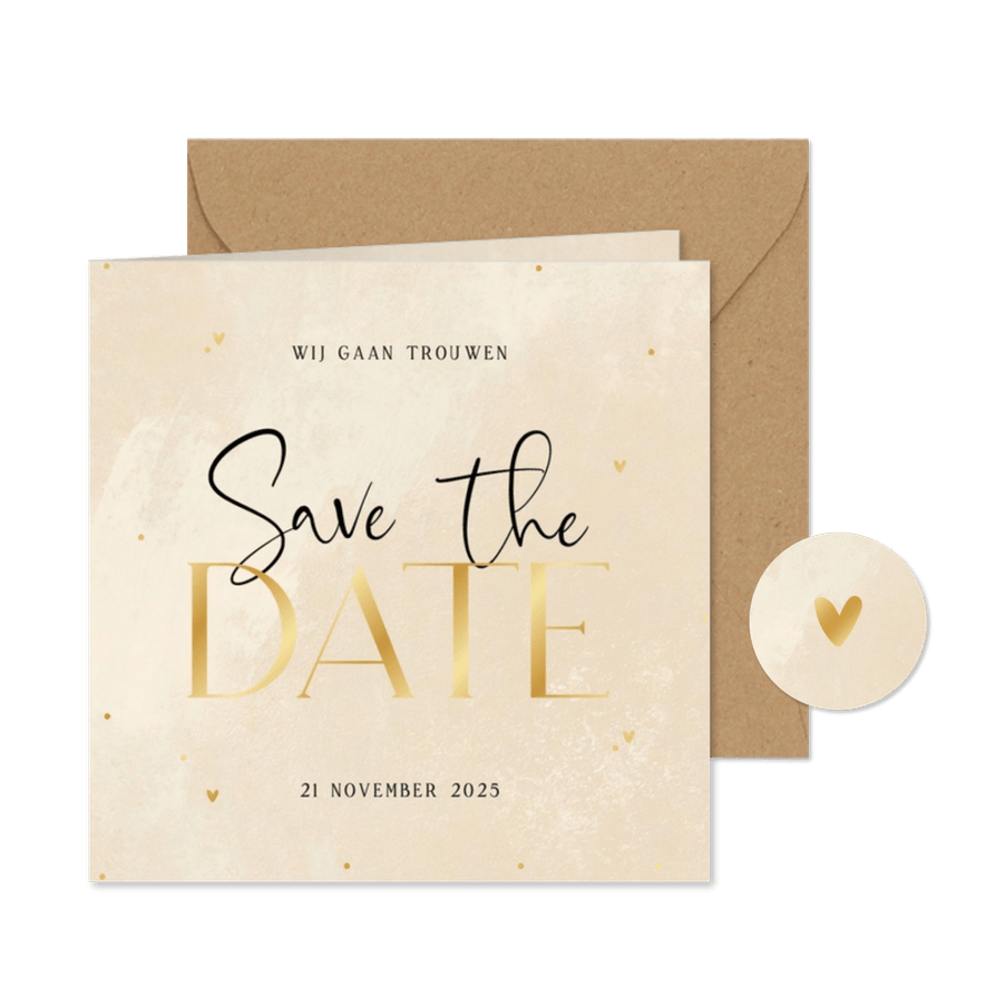 Stijlvolle save the date beige steenlook hartjes stipjes - Kaartimpressie