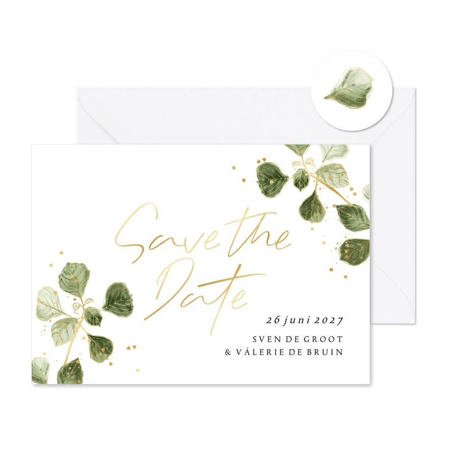 Stijlvolle save the date bladertak goud hartjesconfetti - Kaartimpressie