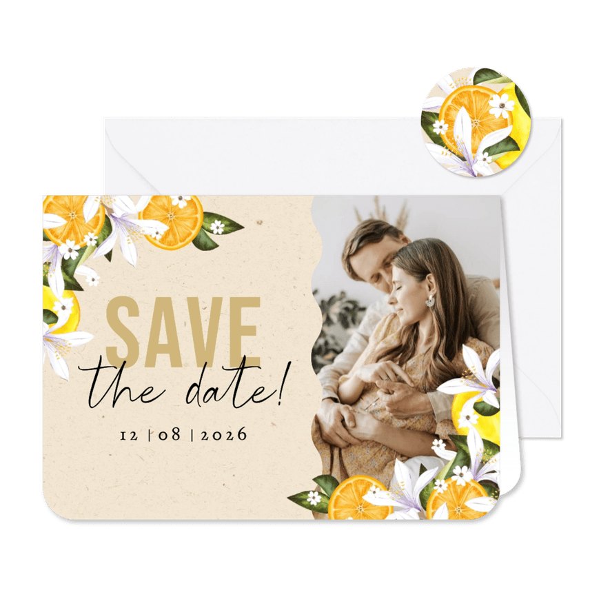Stijlvolle save the date botanisch zomer mediterraans fruit - Kaartimpressie
