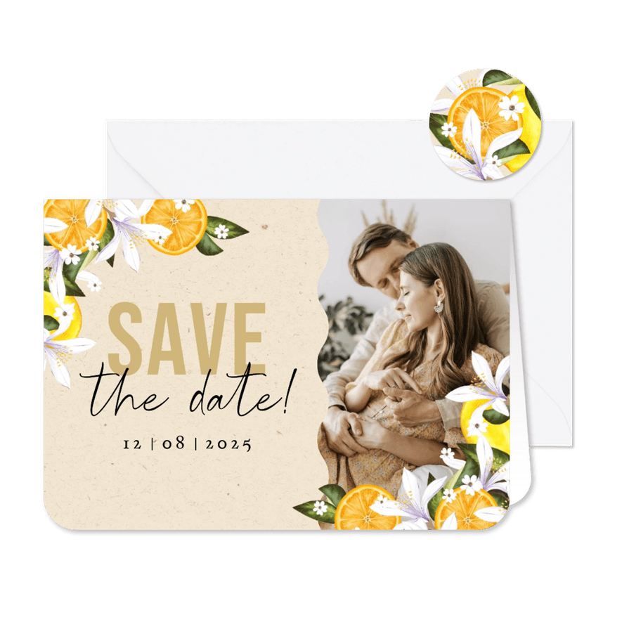 Stijlvolle save the date botanisch zomer mediterraans fruit - Kaartimpressie