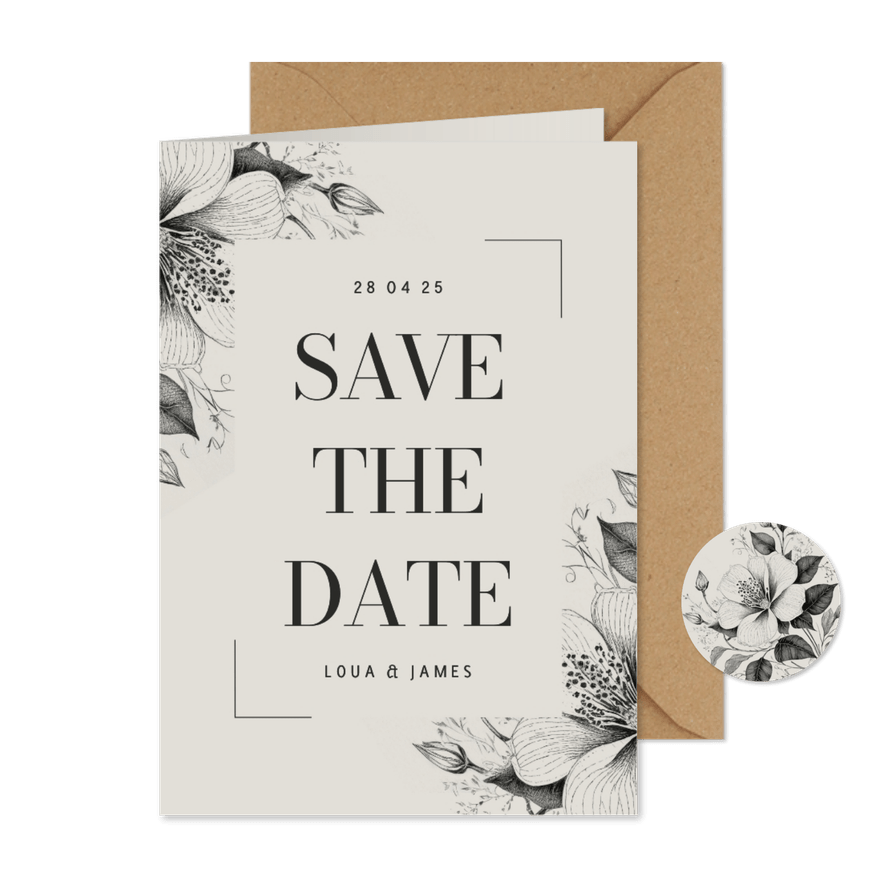 Stijlvolle save the date bruiloft met kader vintage bloemen - Kaartimpressie