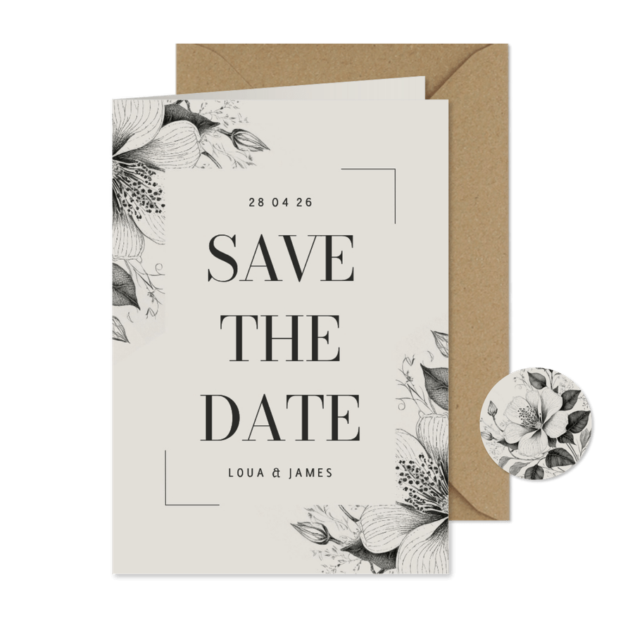 Stijlvolle save the date bruiloft met kader vintage bloemen - Kaartimpressie