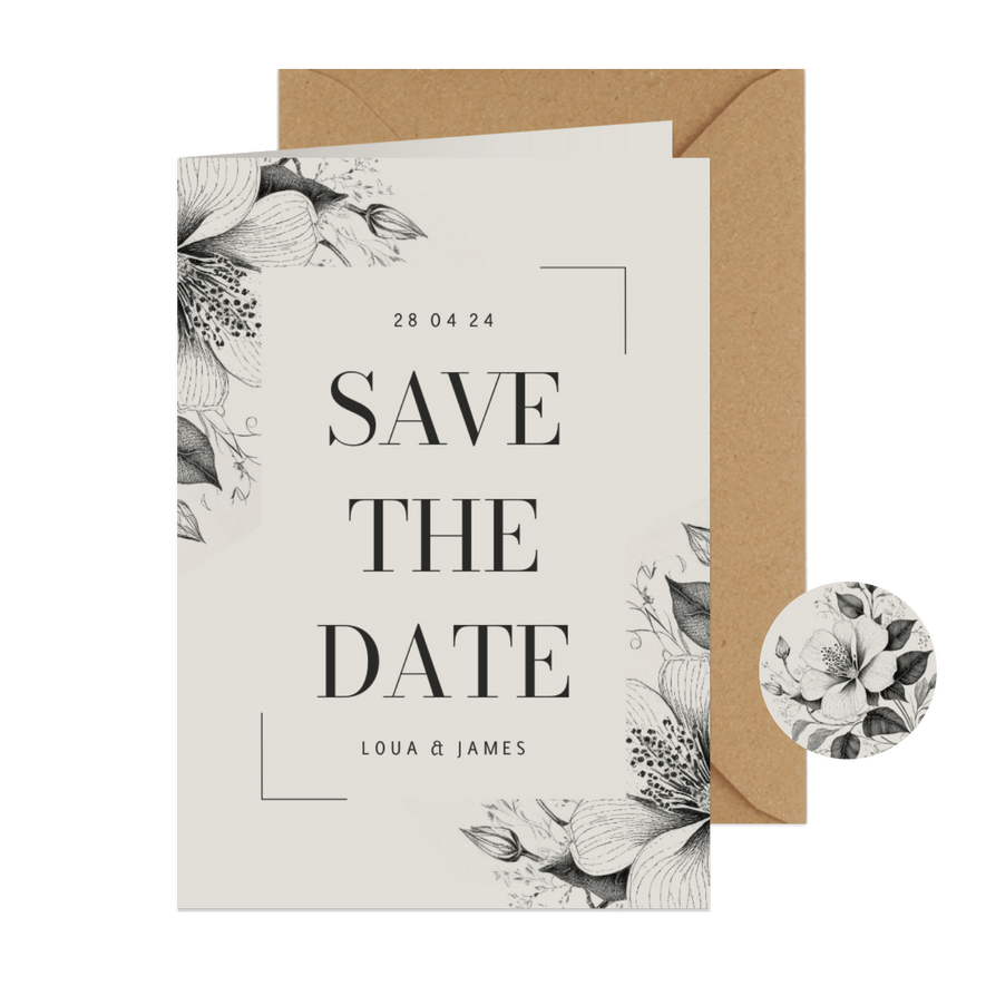 Stijlvolle save the date bruiloft met kader vintage bloemen - Kaartimpressie