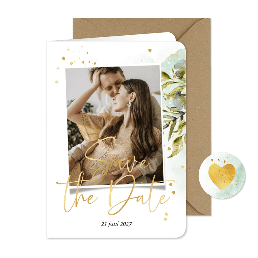 Stijlvolle save the date fotokaart botanische bladeren goud - Kaartimpressie