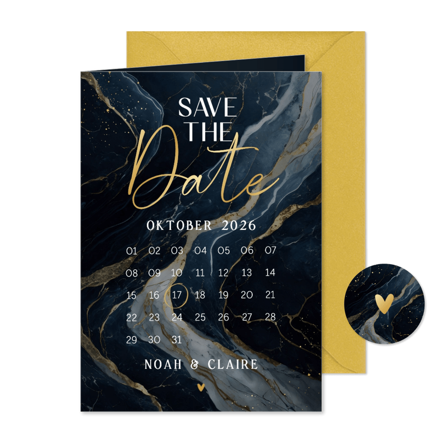 Stijlvolle save the date huwelijk donkerblauw marmer - Kaartimpressie