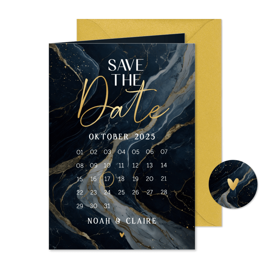 Stijlvolle save the date huwelijk donkerblauw marmer - Kaartimpressie