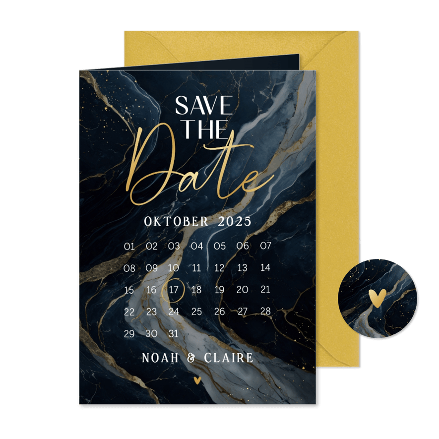 Stijlvolle save the date huwelijk donkerblauw marmer - Kaartimpressie